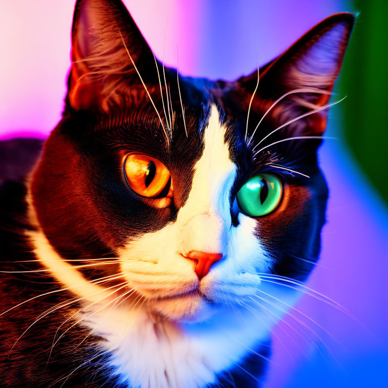 Black and White Cat with Orange Eyes on Colorful Background