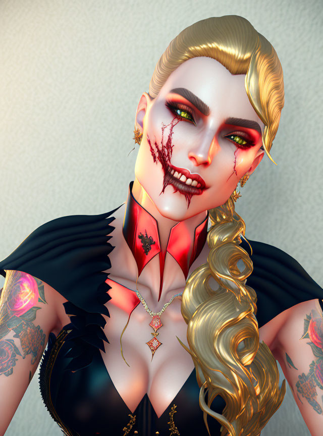 Digital art portrait: Woman with golden hair, red eyes, vampire fangs, blood, dark outfit