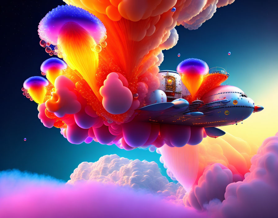 Colorful surreal artwork: airship in whimsical clouds