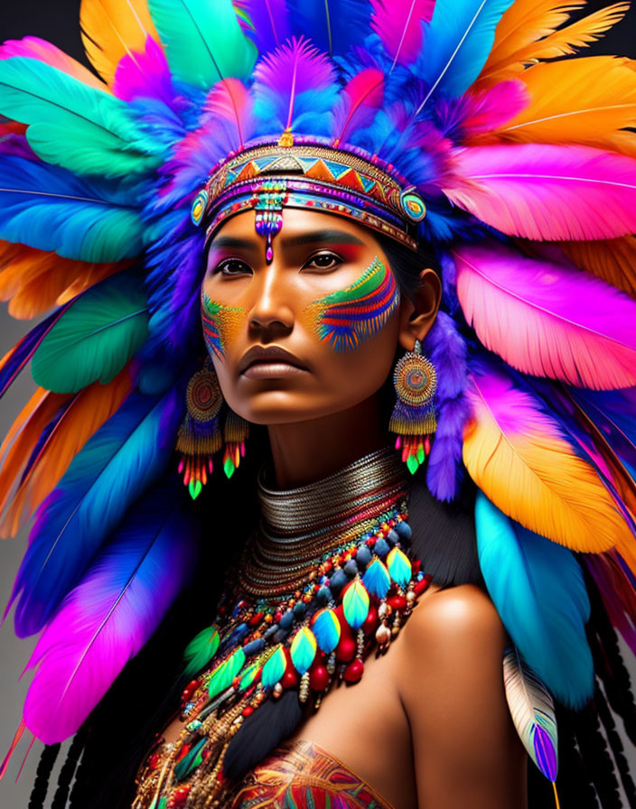 Vibrant Traditional Native American Attire with Feathered Headdress