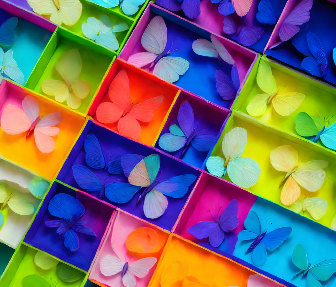 Vibrant Rainbow-Colored Butterfly Grid Display