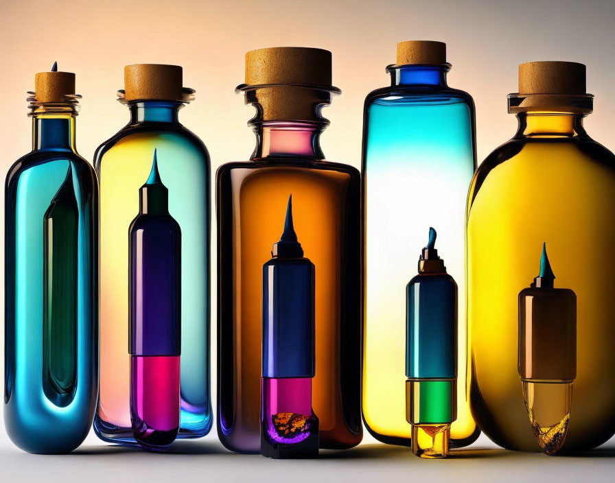 Vibrant glass bottles with droppers on reflective surface