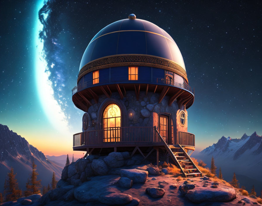 Spherical observatory on rocky peak under starry night sky