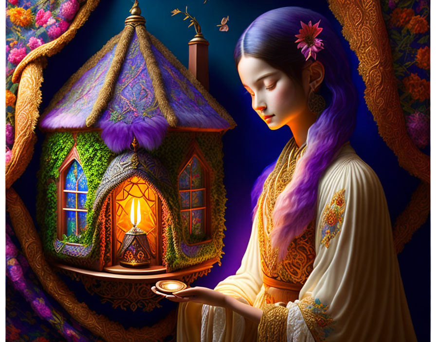 Illustration of woman with purple flower, lantern, and ivy-covered house