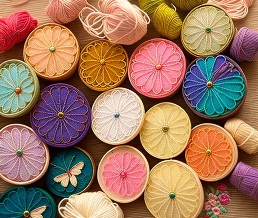 Vibrant embroidery threads on spools in pink, blue, yellow, and orange