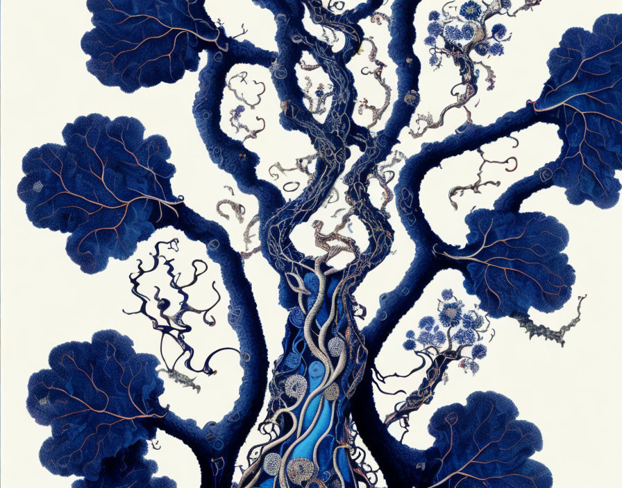 Detailed Blue Patterned Tree Illustration on White Background