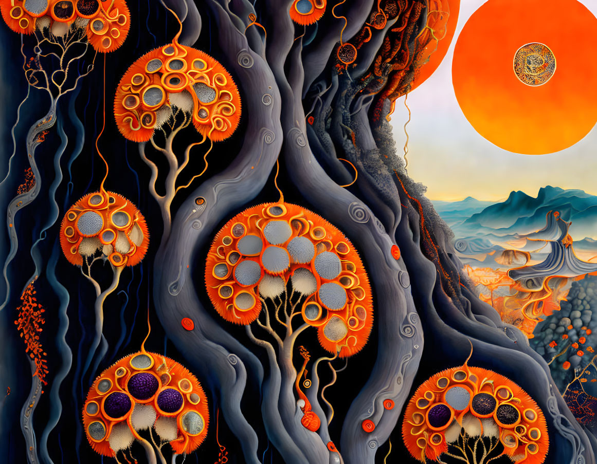 Surreal landscape with stylized trees, orange circles, figures, mountains, and sun