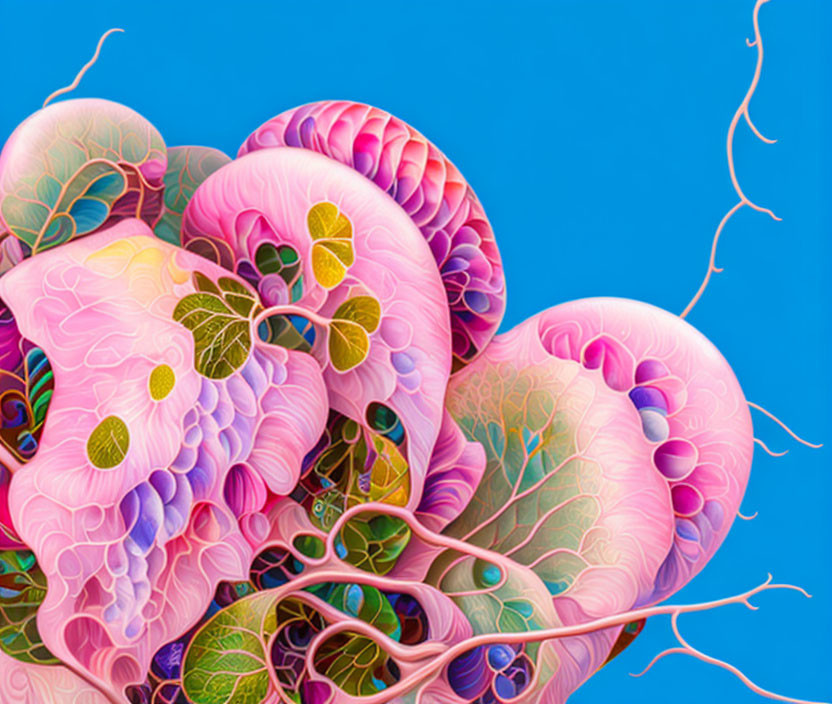 Intricate digital artwork: organic leaf-like patterns, swirling textures, vascular structures on blue background