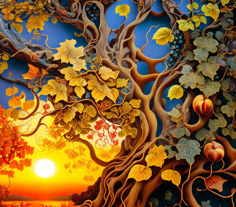 Colorful Tree Illustration with Branches, Leaves, and Apples at Sunset