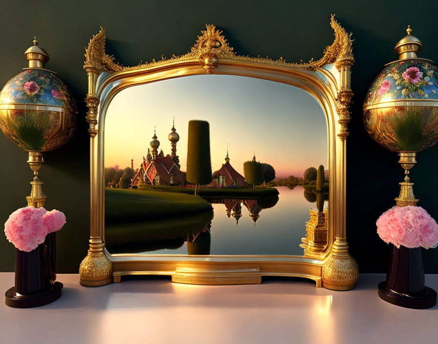 Golden Frame with Intricate Details Reflecting Serene Landscape