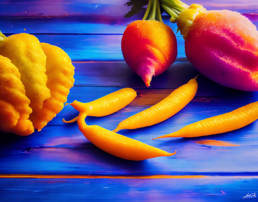 Vibrant Blue Wooden Surface with Colorful Vegetables