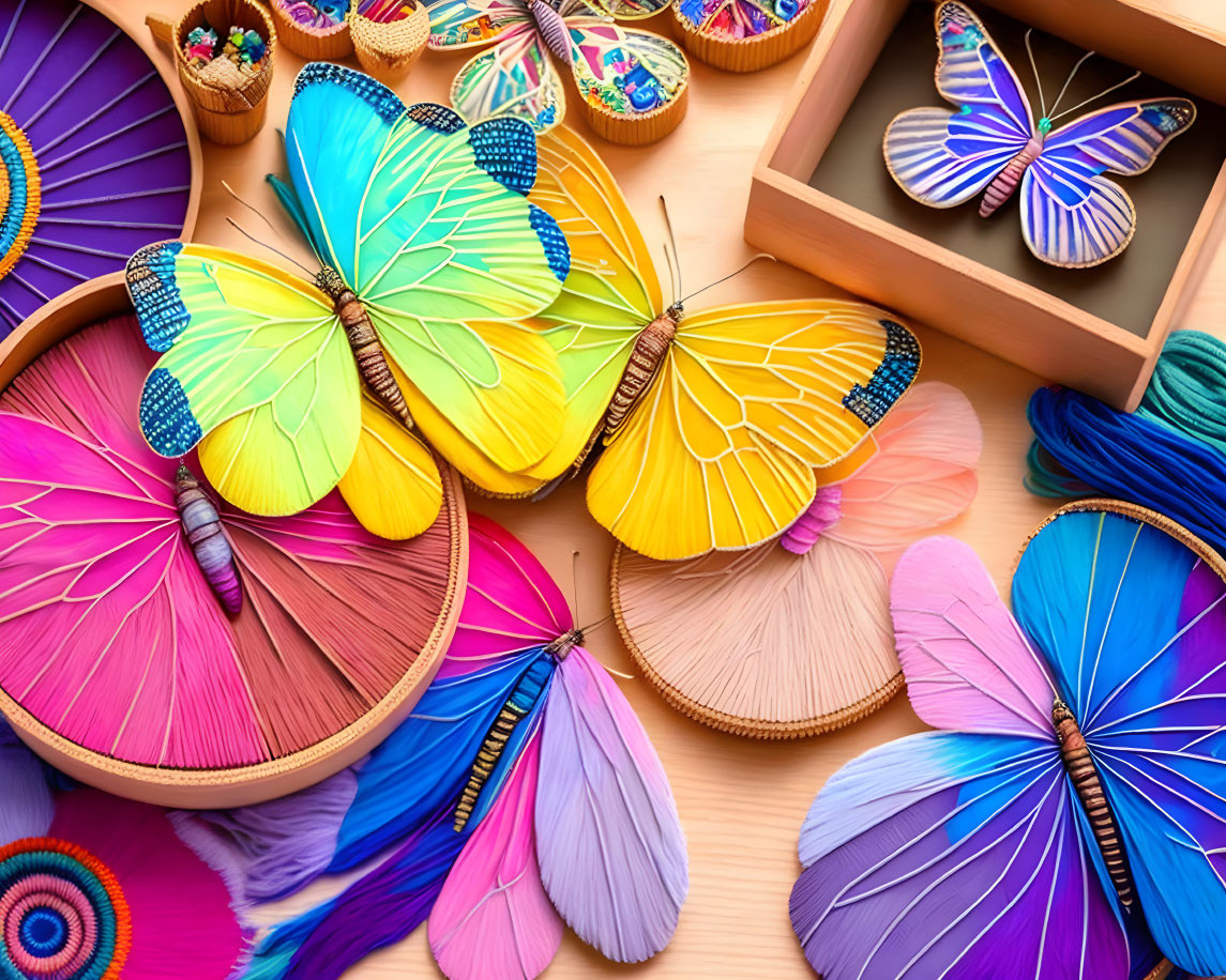 Vibrant butterflies and thread spools on wooden surface