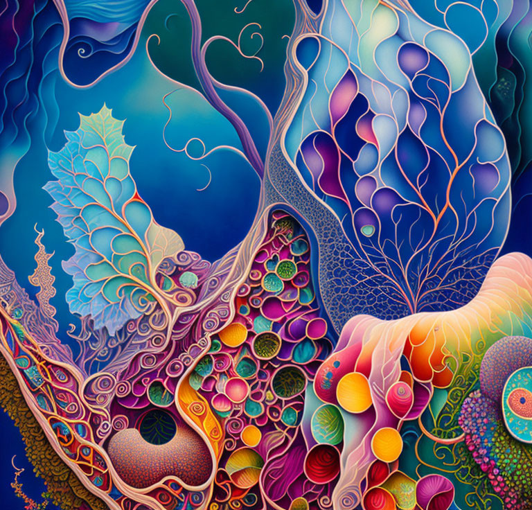 Colorful abstract painting: swirling patterns, organic shapes in varied hues, resembling underwater or microcosmic