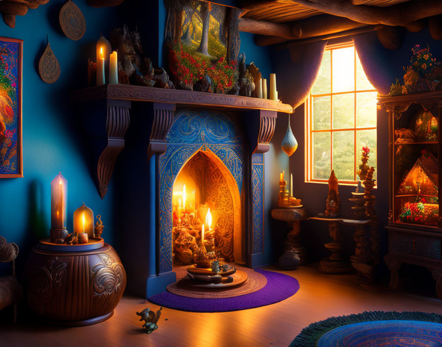 Mystical room with candles, flowers, hearth, and sunlight