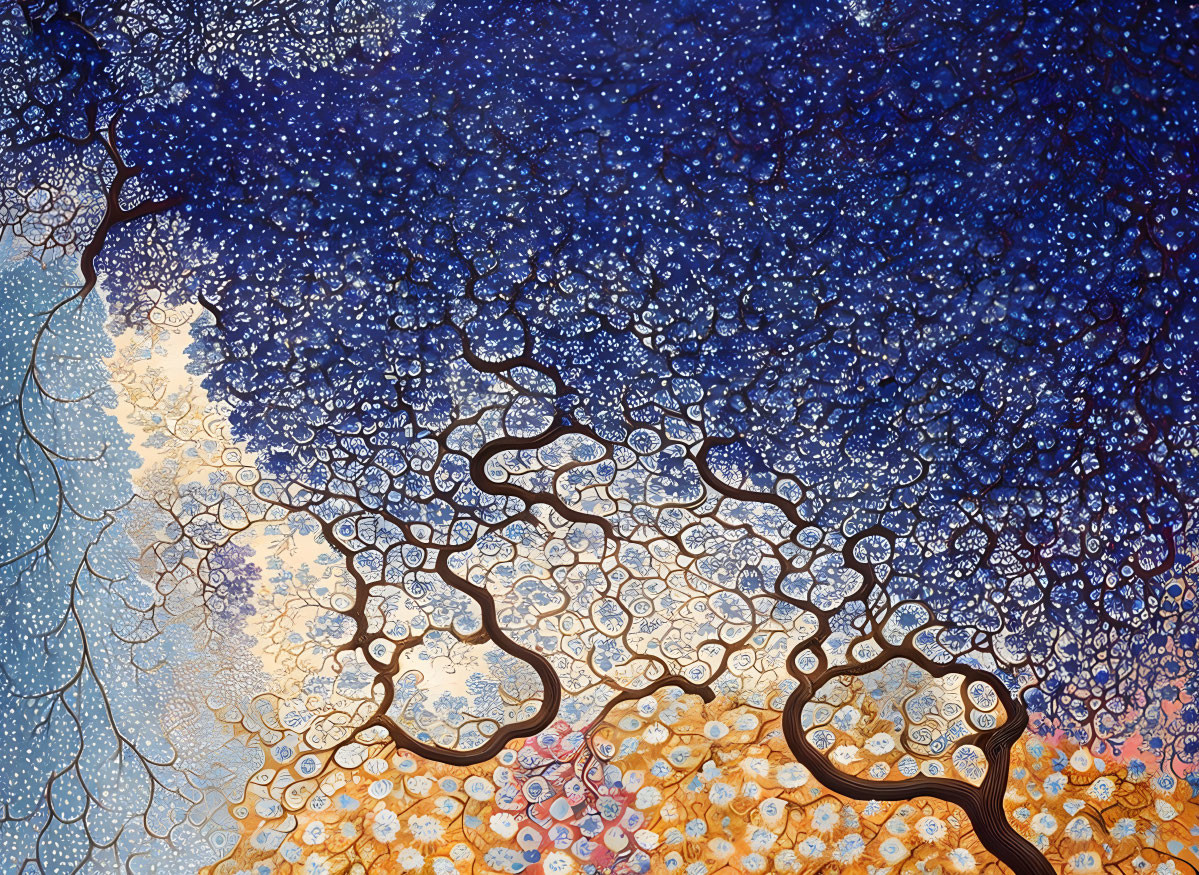 Abstract painting: Tree with brown branches on blue starry sky transitioning to golden floral pattern