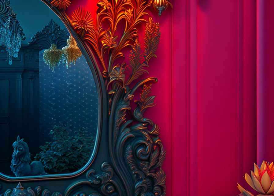 Luxurious Room with Red Curtain, Ornate Mirror, Floral Motifs, and Horse Statue