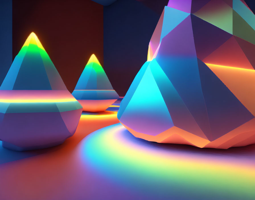 Geometric Shapes with Neon Lighting in Dark Room