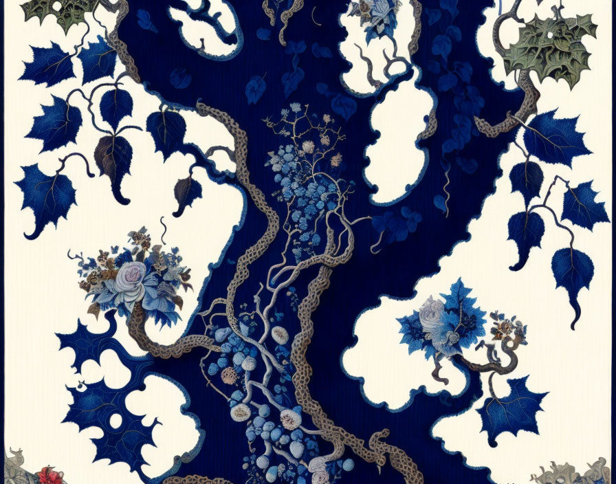 Detailed Blue Vine and Leaf Illustration on Dark Background