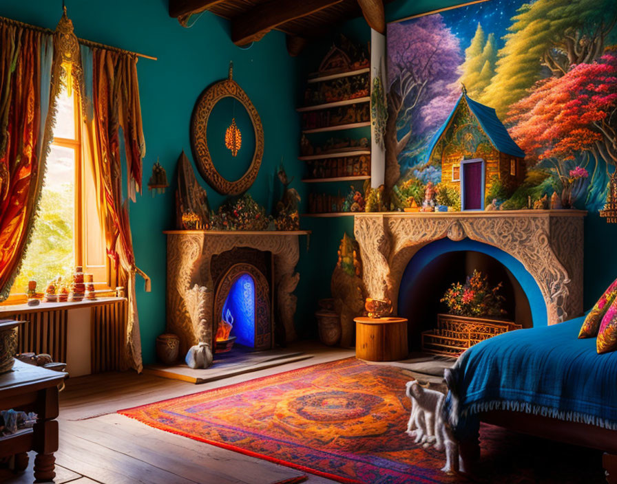 Colorful Decor and Ornate Fireplace in Cozy Room with Whimsical Painting