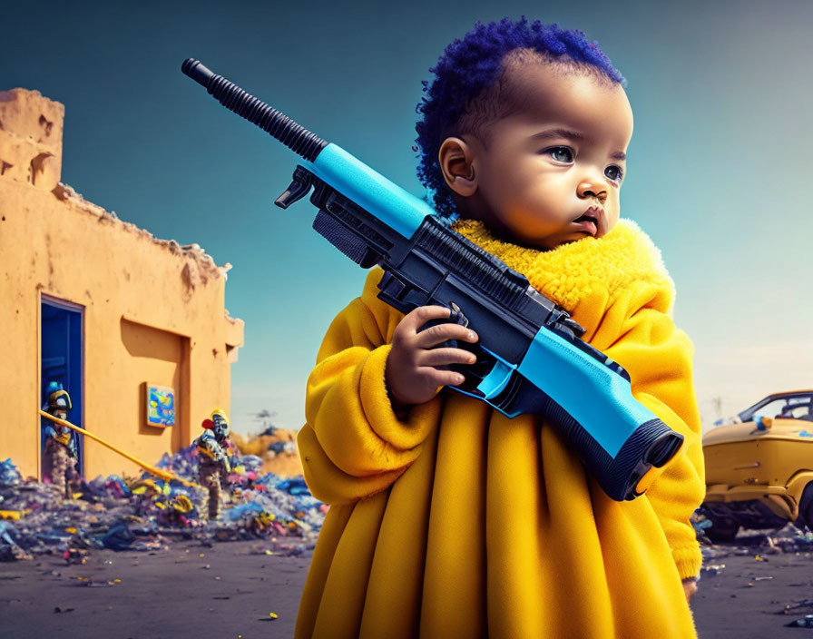 Toddler in Yellow Outfit with Blue Toy Gun in Urban Setting