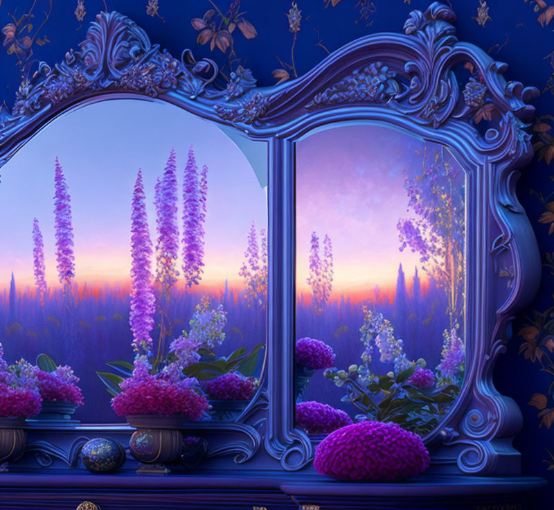 Ornate mirror reflecting twilight scene with purple and pink flowers in serene forest