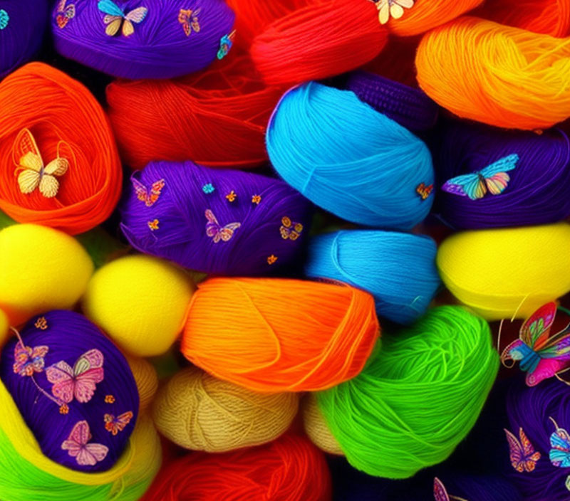 Colorful Butterfly-Adorned Yarn Skeins in Various Hues