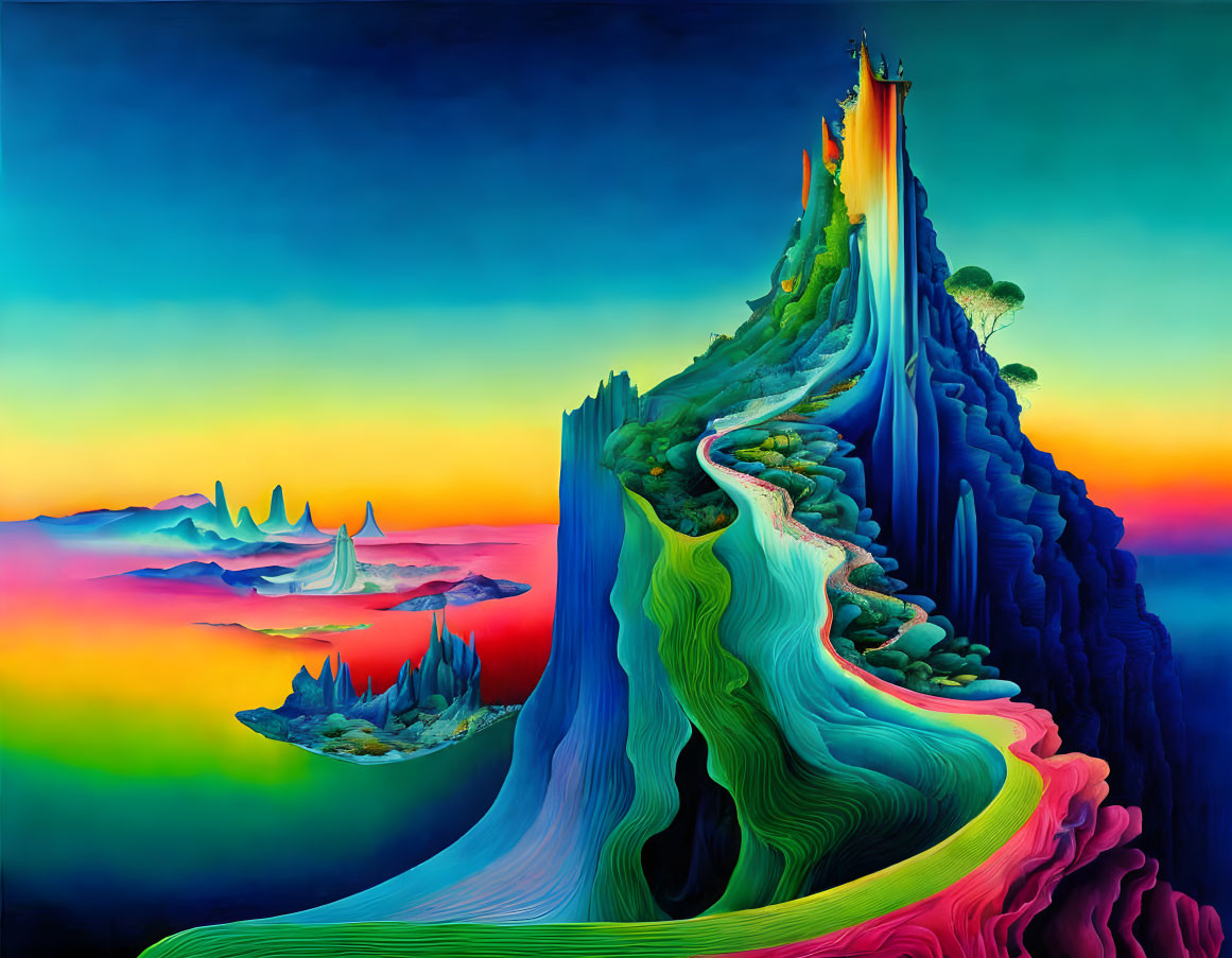 Fantastical landscape with vivid colors and surreal mountains