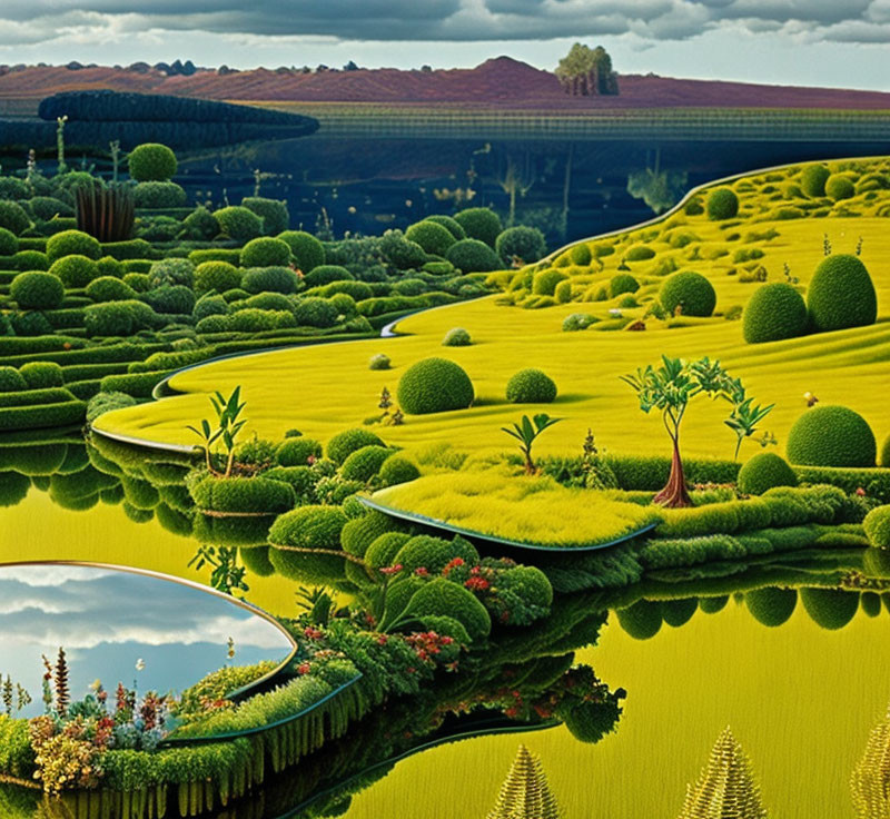 Tranquil surreal landscape with lush green gardens and reflective waterways