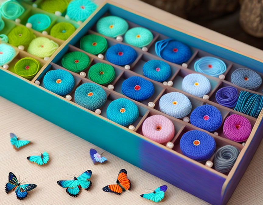 Vibrant sewing threads, buttons, and butterflies in compartmentalized box