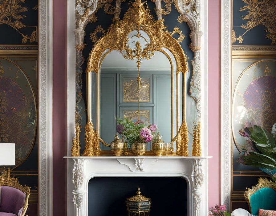 Gold-framed mirror above white fireplace with elegant wallpapers and floral bouquet