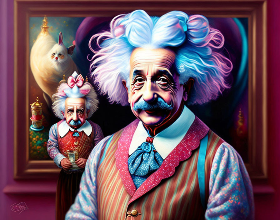 Colorful Whimsical Character Resembling Albert Einstein Holding Teacup