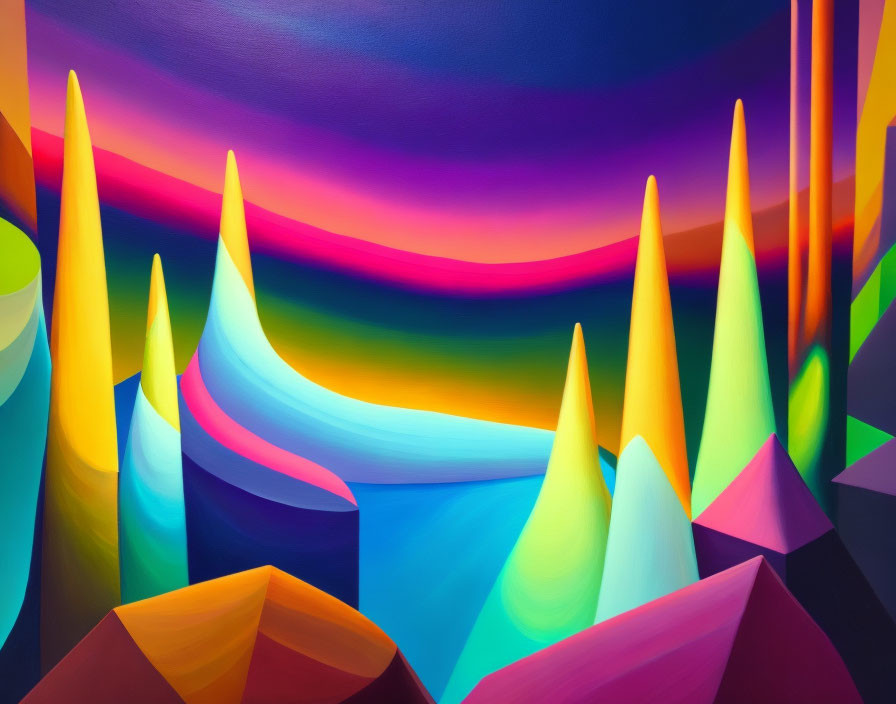 Colorful Abstract Painting with Fluid Lines and Pointed Shapes