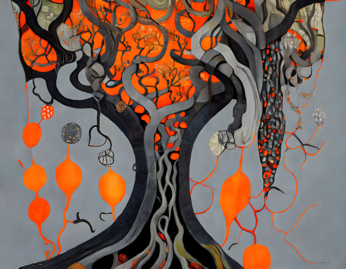 Intricate black tree with orange leaves and surreal patterns