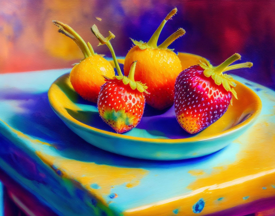 Colorful painting of yellow plate with fruits on multicolored table