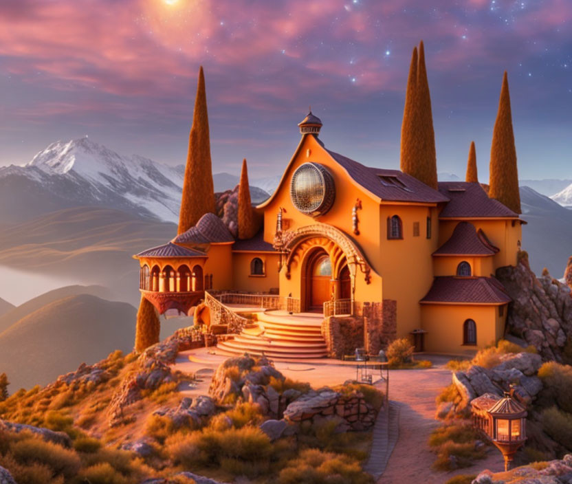 Fantasy castle with spire-like towers under twilight sky and mountain backdrop.