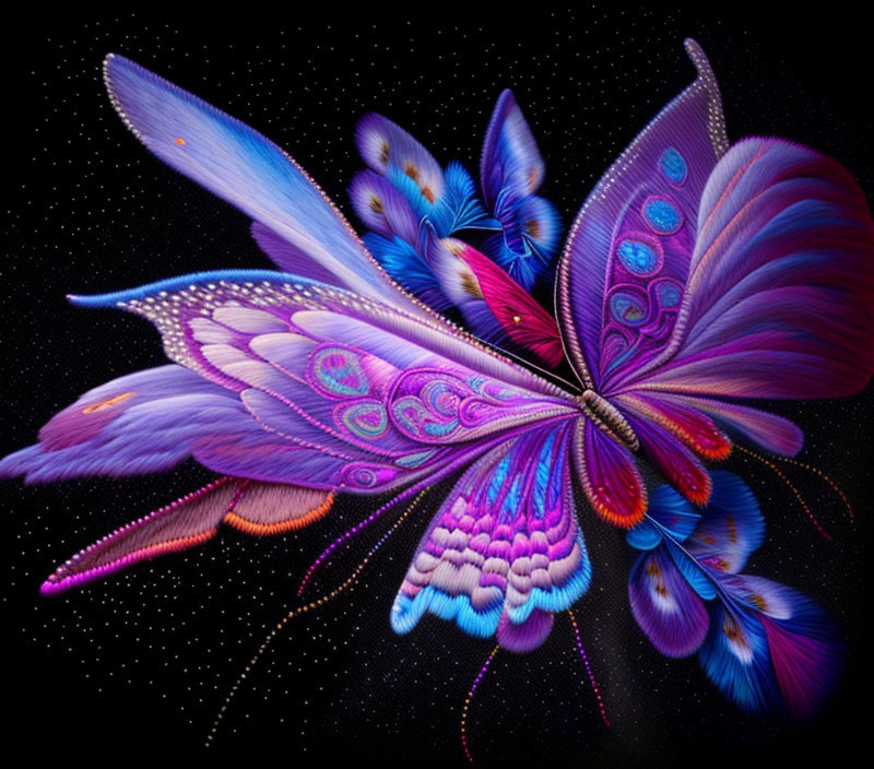 Colorful Butterfly Artwork with Psychedelic Patterns on Starry Background