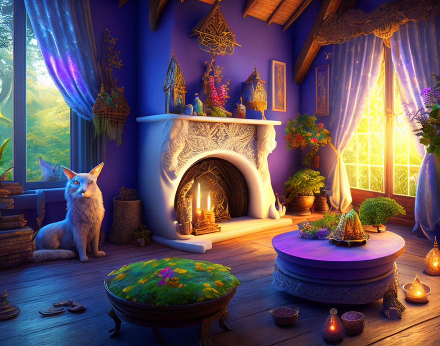 Fantasy room with white fox, fireplace, plants, enchanted forest view