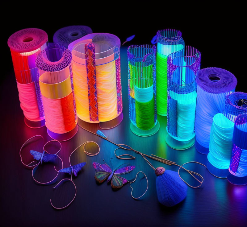 Vibrant neon-lit thread spools and embroidery materials on dark background