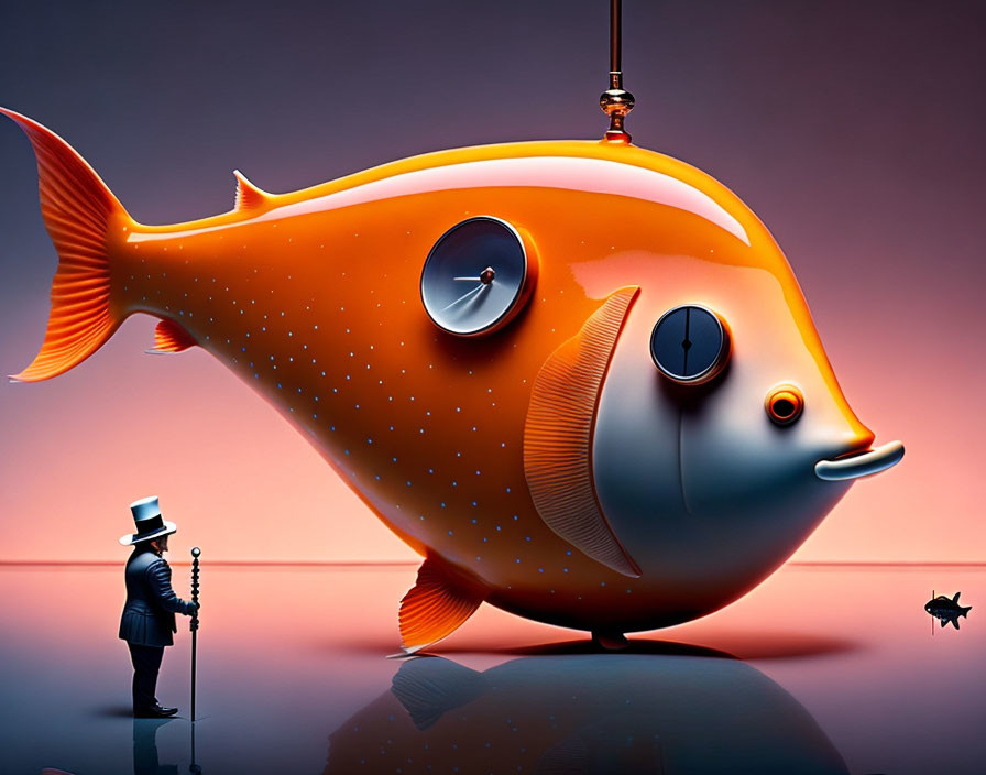 Man in suit next to giant orange fish with submarine features on purple background