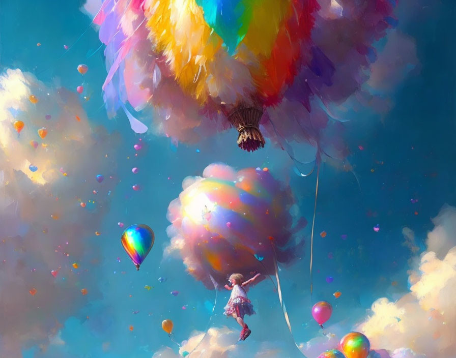 Person on cloud with colorful balloons in vibrant sky