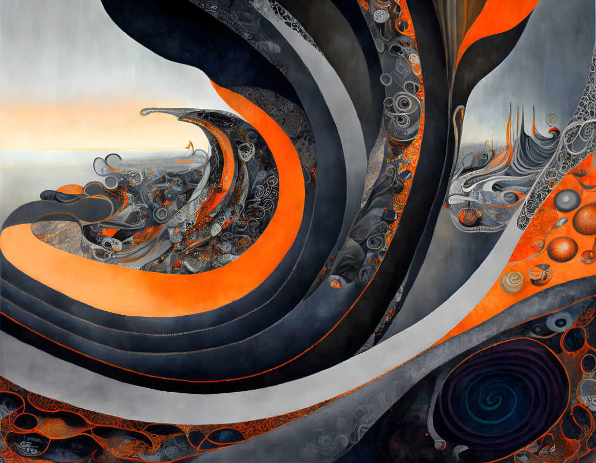 Swirling Orange, Black, and Gray Abstract Art with Intricate Details