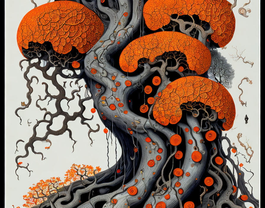 Surreal tree artwork with brain-shaped canopies and orange foliage