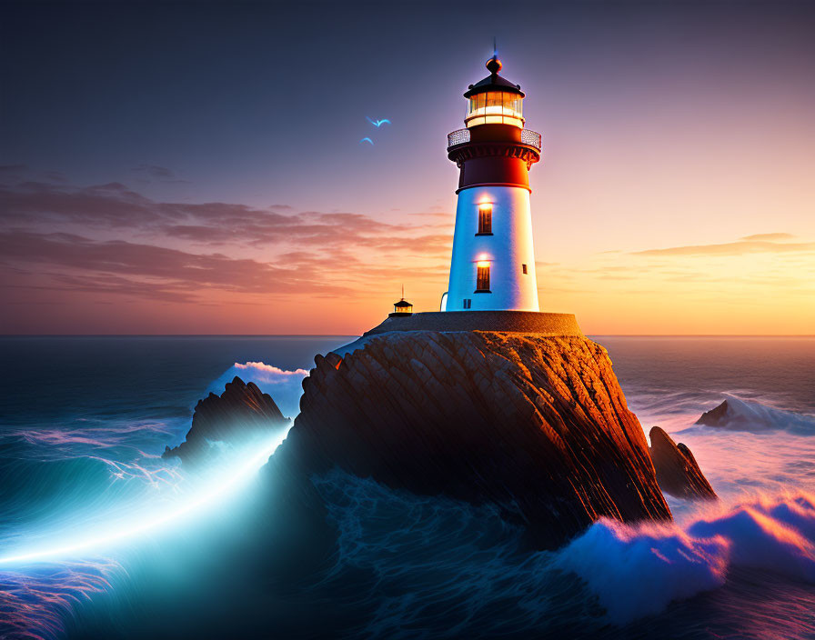 Lighthouse on rocky cliff with bioluminescent waves and bird in vibrant sunset scene