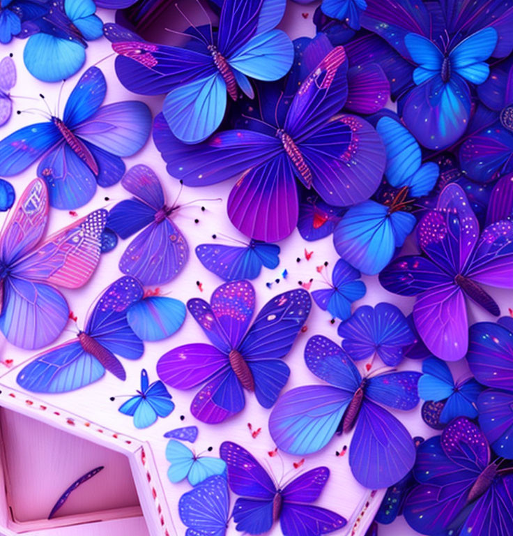 Colorful Blue and Purple Butterflies on Pink Surface with Box