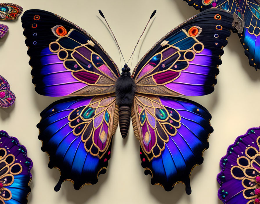 Colorful Butterfly Digital Art with Detailed Wings in Blues, Purples, and Gold