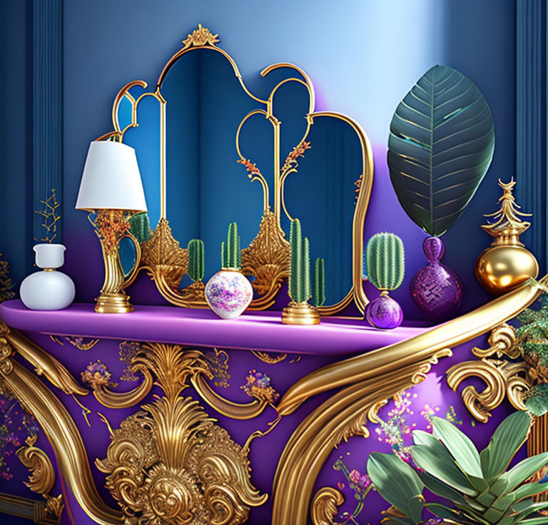 Elegant golden mirror with decor on purple shelf against blue wall