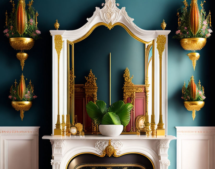 White and Gold Fireplace with Mirrors, Plant, and Teal Wall Decor