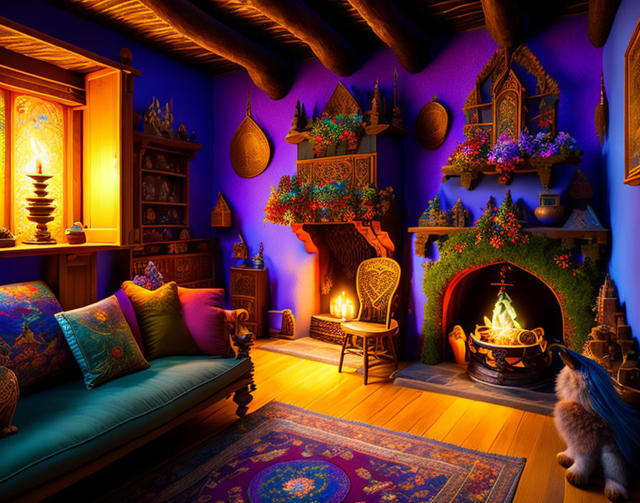 Warm Fireplace in Cozy Room with Blue Walls and Cat