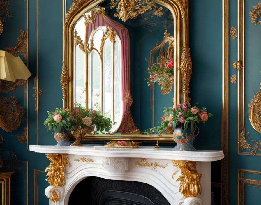 Luxurious teal room with gold-adorned fireplace and gilded mirror