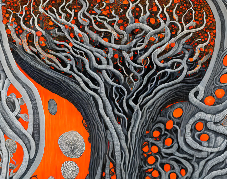 Abstract Artwork: Swirling Grey Patterns and Orange Circles